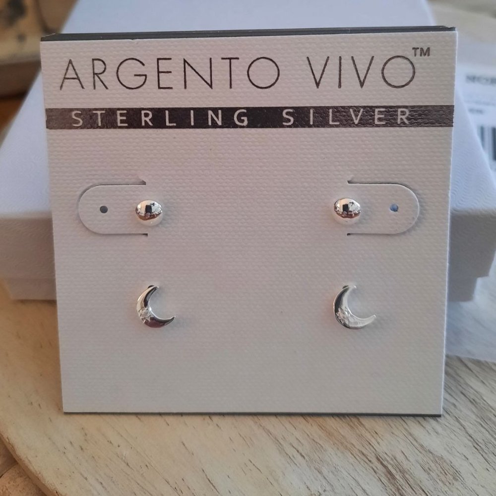 NEW ARGENTO VIVO STERLING SILVER Crescent Moon & Ball Stud Earrings Set
